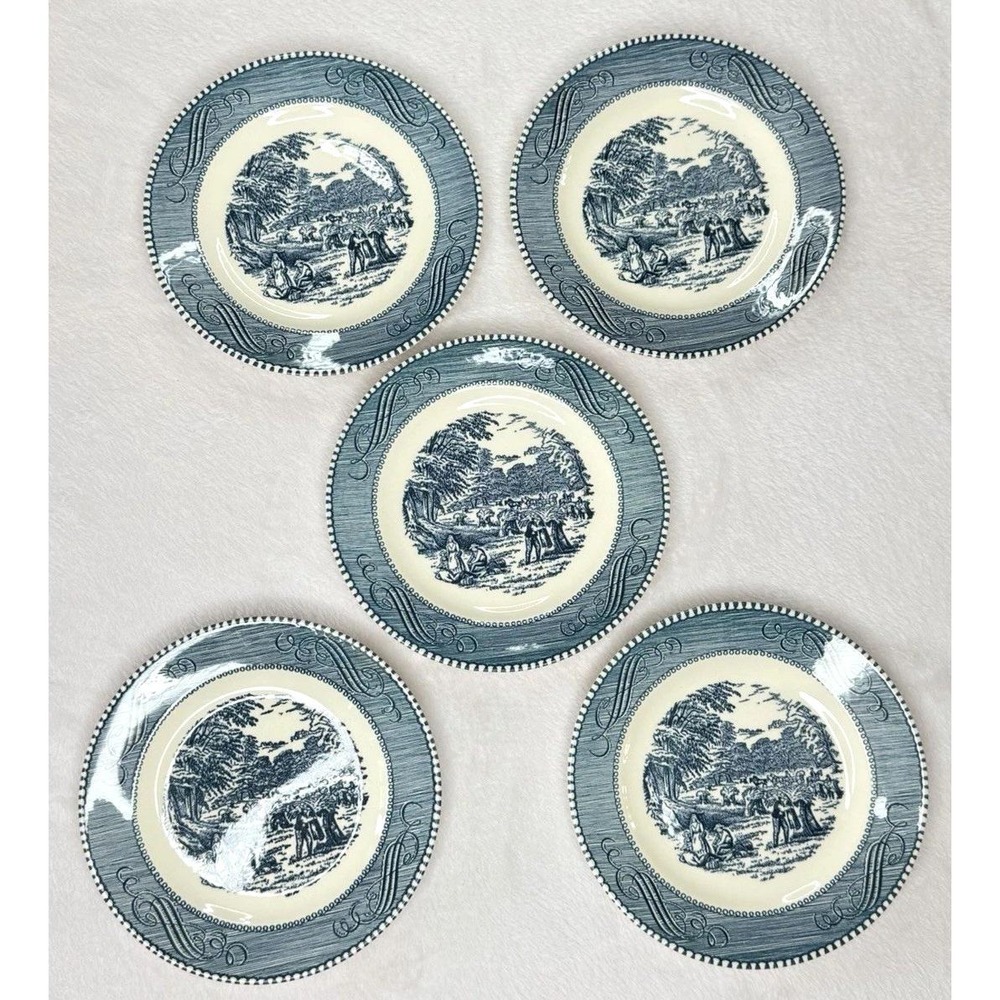 5 Currier and Ives Old Grist Mill Royal China 6.5" Plates Blue & White EUC